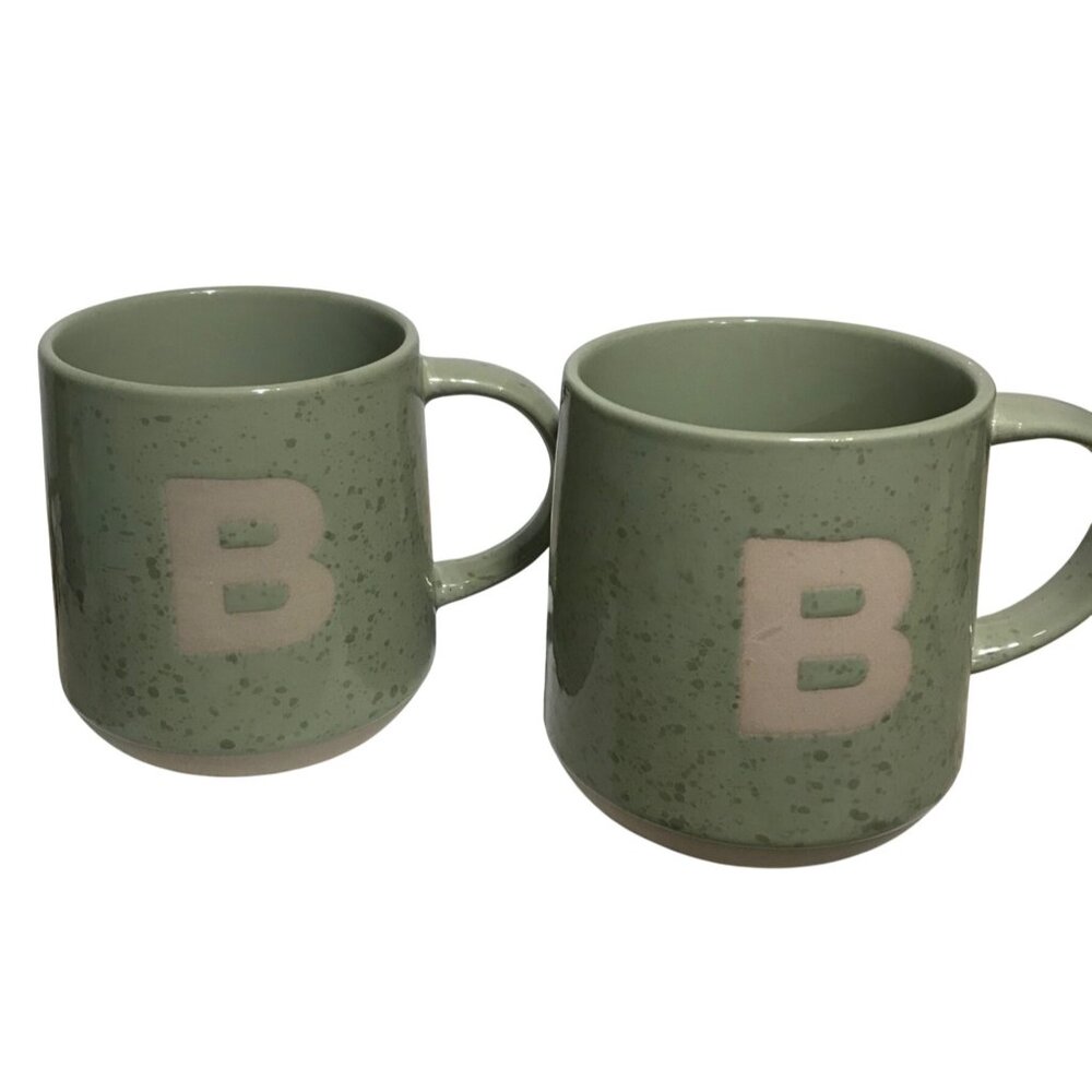 Green Stoneware Mugs Initial B Speckled Life At Home Cups Set Of 2